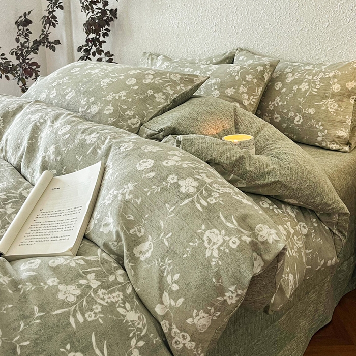 斯卡诺家纺 2026新款原麻亚麻皱皱纱四件套水洗棉印花四件套 水木年华