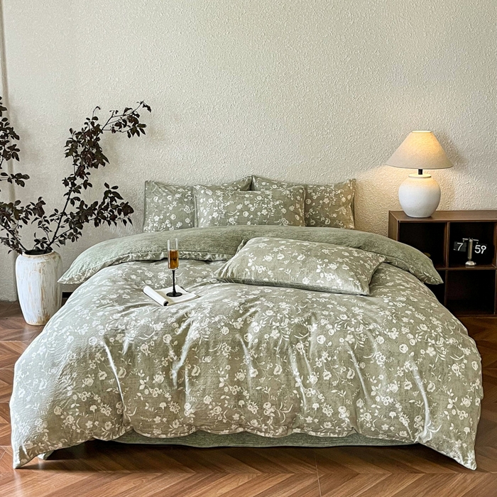 91家纺网 家纺一手货源 找家纺 斯卡诺家纺 2026新款原麻亚麻皱皱纱四件套水洗棉印花四件套 水木年华