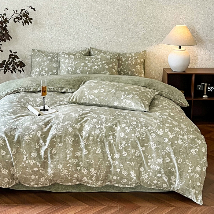 91家纺网 家纺一手货源 找家纺 斯卡诺家纺 2026新款原麻亚麻皱皱纱四件套水洗棉印花四件套 水木年华