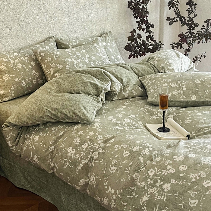 91家纺网 家纺一手货源 找家纺 斯卡诺家纺 2026新款原麻亚麻皱皱纱四件套水洗棉印花四件套 水木年华