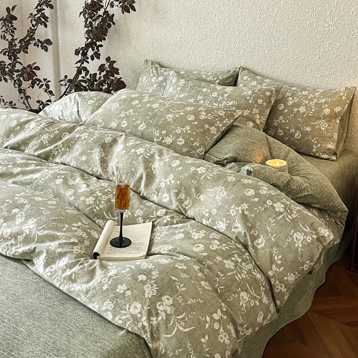 91家纺网 家纺一手货源 找家纺 斯卡诺家纺 2026新款原麻亚麻皱皱纱四件套水洗棉印花四件套 水木年华