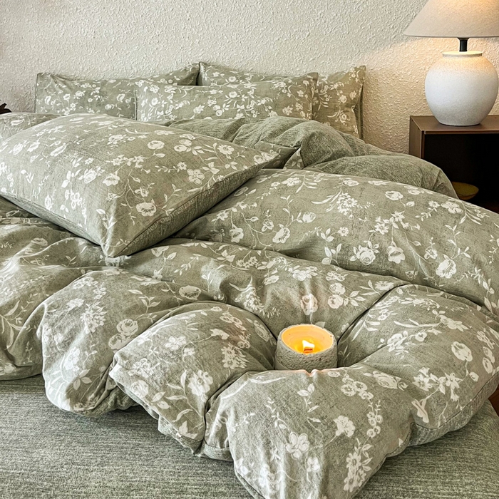 91家纺网 家纺一手货源 找家纺 斯卡诺家纺 2026新款原麻亚麻皱皱纱四件套水洗棉印花四件套 水木年华