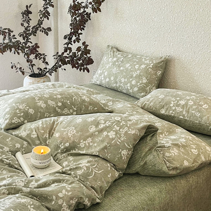 91家纺网 家纺一手货源 找家纺 斯卡诺家纺 2026新款原麻亚麻皱皱纱四件套水洗棉印花四件套 水木年华