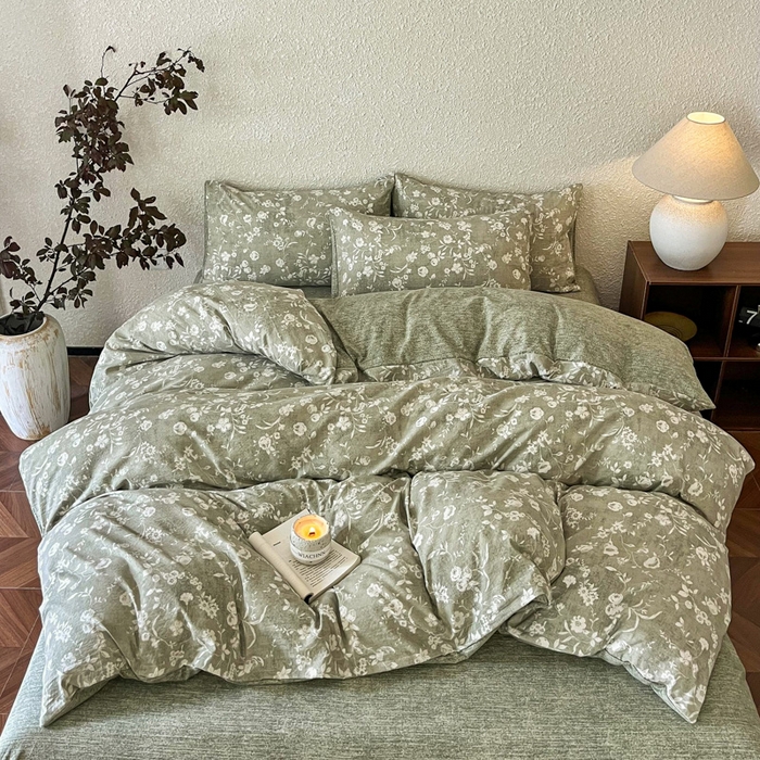 91家纺网 家纺一手货源 找家纺 斯卡诺家纺 2026新款原麻亚麻皱皱纱四件套水洗棉印花四件套 水木年华