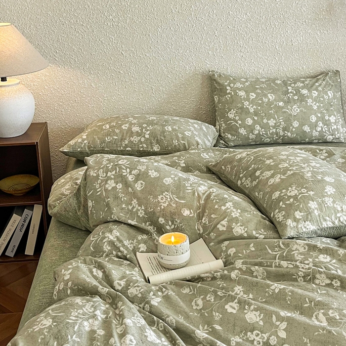 91家纺网 家纺一手货源 找家纺 斯卡诺家纺 2026新款原麻亚麻皱皱纱四件套水洗棉印花四件套 水木年华