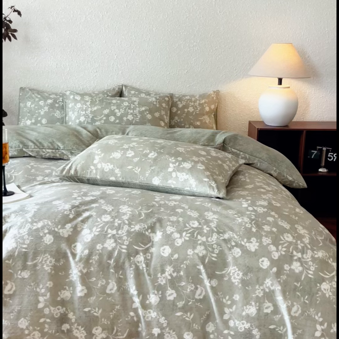 91家纺网 家纺一手货源 找家纺 斯卡诺家纺 2026新款原麻亚麻皱皱纱四件套水洗棉印花四件套 水木年华