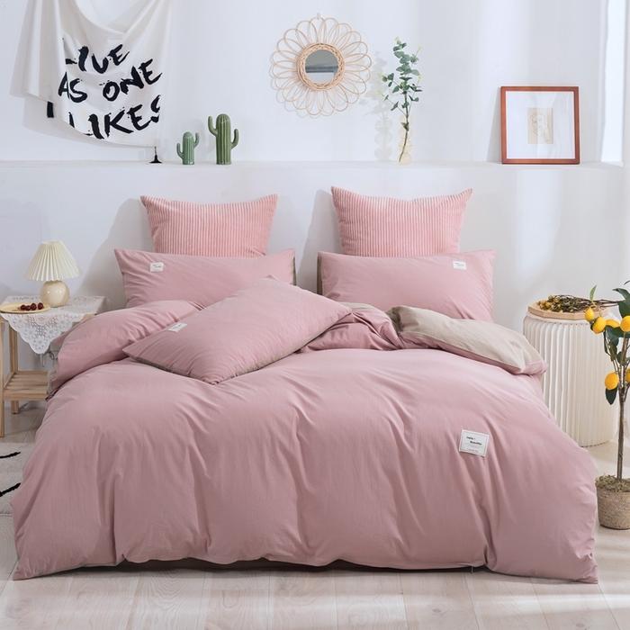 贝尔 PELLHOME 全棉纯棉水洗棉四件套1.5m1.8m纯色北欧风简约（可抖音代发） 藕粉