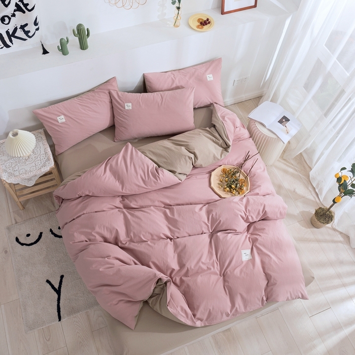 91家纺网 家纺一手货源 找家纺 贝尔 PELLHOME 全棉纯棉水洗棉四件套1.5m1.8m纯色北欧风简约（可抖音代发） 藕粉