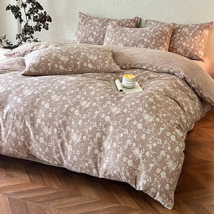 91家纺网 家纺一手货源 找家纺 斯卡诺家纺 2026新款原麻亚麻皱皱纱四件套水洗棉印花四件套 夕颜