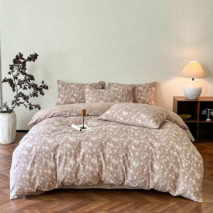 91家纺网 家纺一手货源 找家纺 斯卡诺家纺 2026新款原麻亚麻皱皱纱四件套水洗棉印花四件套 夕颜