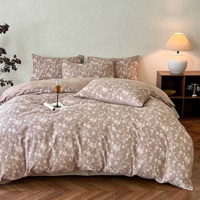 91家纺网 家纺一手货源 找家纺 斯卡诺家纺 2026新款原麻亚麻皱皱纱四件套水洗棉印花四件套 夕颜