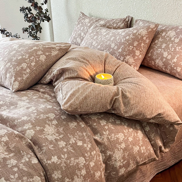 91家纺网 家纺一手货源 找家纺 斯卡诺家纺 2026新款原麻亚麻皱皱纱四件套水洗棉印花四件套 夕颜