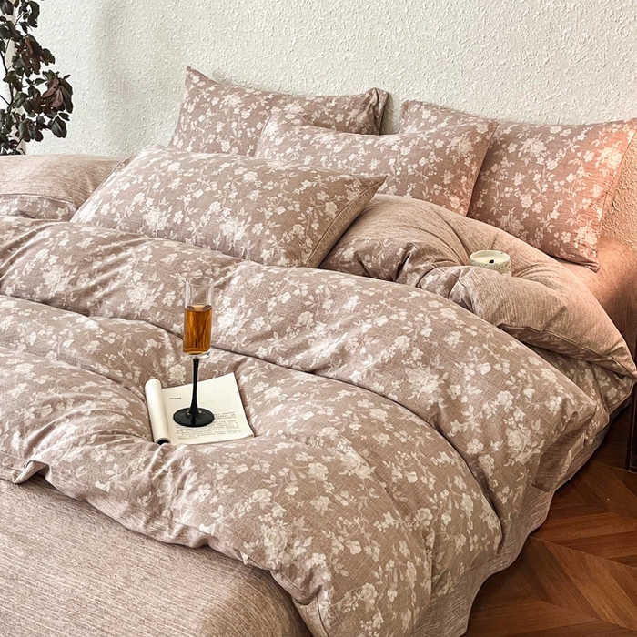 91家纺网 家纺一手货源 找家纺 斯卡诺家纺 2026新款原麻亚麻皱皱纱四件套水洗棉印花四件套 夕颜