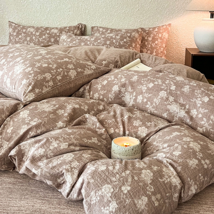 91家纺网 家纺一手货源 找家纺 斯卡诺家纺 2026新款原麻亚麻皱皱纱四件套水洗棉印花四件套 夕颜