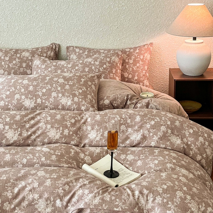 91家纺网 家纺一手货源 找家纺 斯卡诺家纺 2026新款原麻亚麻皱皱纱四件套水洗棉印花四件套 夕颜