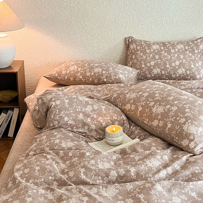 91家纺网 家纺一手货源 找家纺 斯卡诺家纺 2026新款原麻亚麻皱皱纱四件套水洗棉印花四件套 夕颜