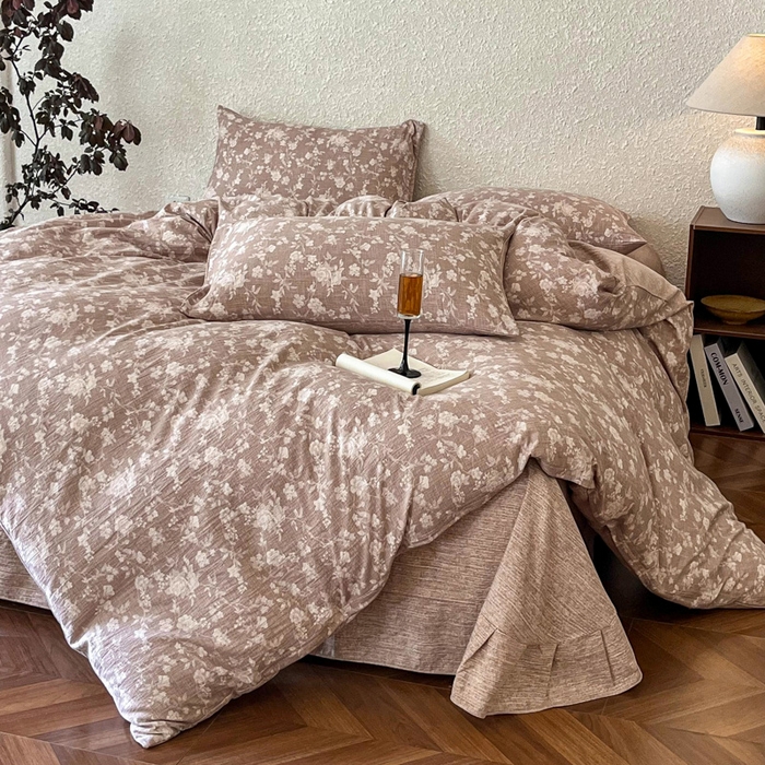 91家纺网 家纺一手货源 找家纺 斯卡诺家纺 2026新款原麻亚麻皱皱纱四件套水洗棉印花四件套 夕颜