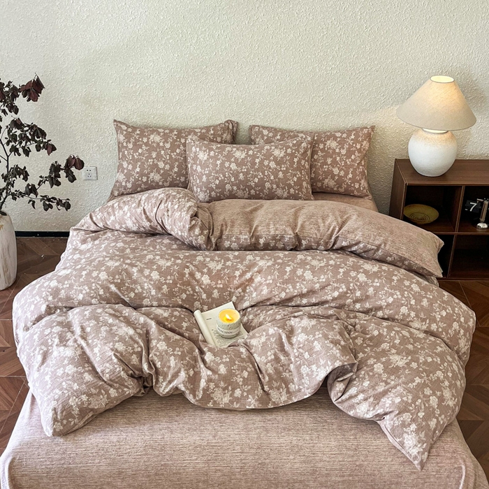 91家纺网 家纺一手货源 找家纺 斯卡诺家纺 2026新款原麻亚麻皱皱纱四件套水洗棉印花四件套 夕颜