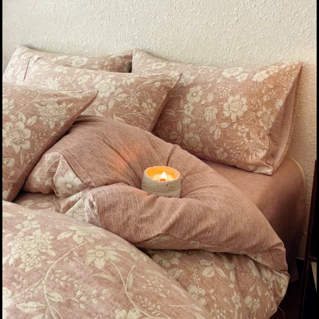 91家纺网 家纺一手货源 找家纺 斯卡诺家纺 2026新款原麻亚麻皱皱纱四件套水洗棉印花四件套 夕颜