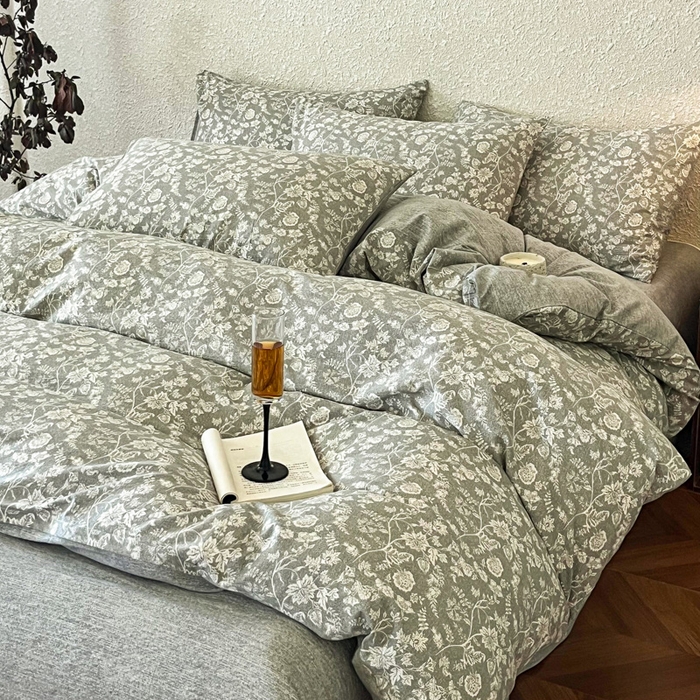 91家纺网 家纺一手货源 找家纺 斯卡诺家纺 2026新款原麻亚麻皱皱纱四件套水洗棉印花四件套 巴黎印象