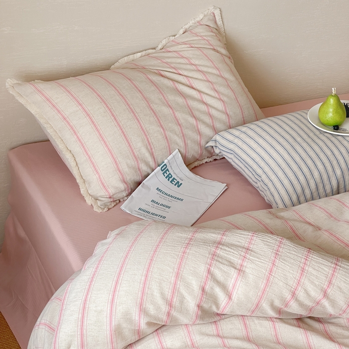 91家纺网 家纺一手货源 找家纺 玛奇朵 2025新款棉麻色织条纹系列四件套-南坪晚风 南坪晚风-粉色床单