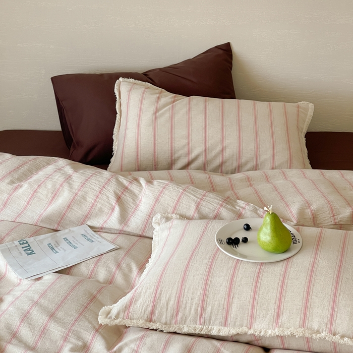 91家纺网 家纺一手货源 找家纺 玛奇朵 2025新款棉麻色织条纹系列四件套-南坪晚风 南坪晚风-咖色床单