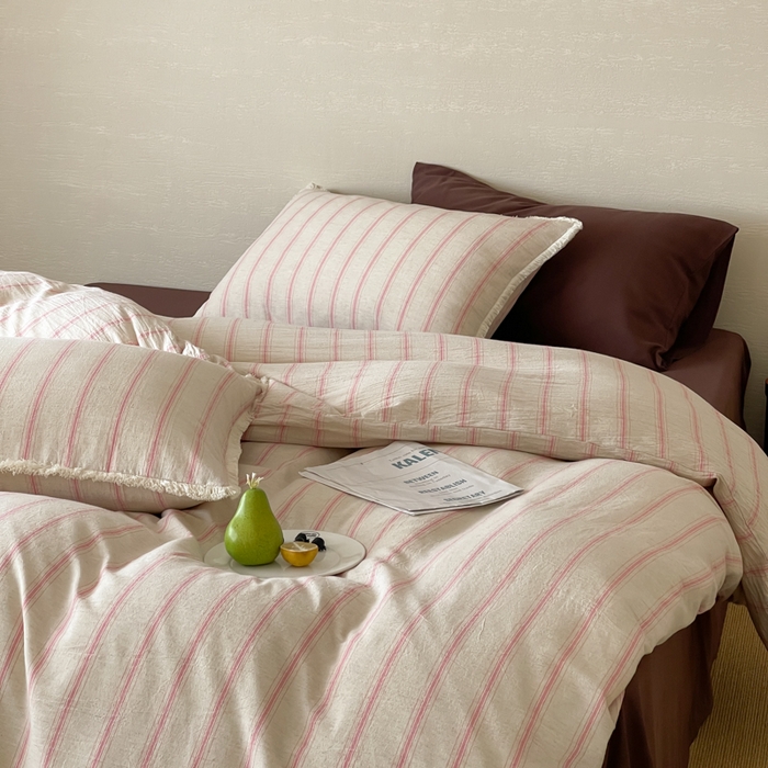 91家纺网 家纺一手货源 找家纺 玛奇朵 2025新款棉麻色织条纹系列四件套-南坪晚风 南坪晚风-咖色床单