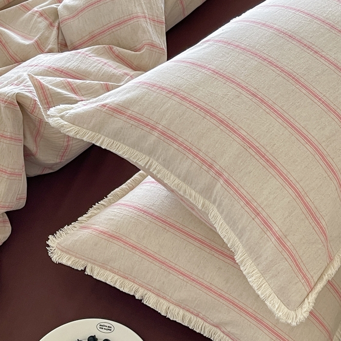 91家纺网 家纺一手货源 找家纺 玛奇朵 2025新款棉麻色织条纹系列四件套-南坪晚风 南坪晚风-咖色床单