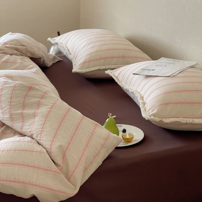 91家纺网 家纺一手货源 找家纺 玛奇朵 2025新款棉麻色织条纹系列四件套-南坪晚风 南坪晚风-咖色床单