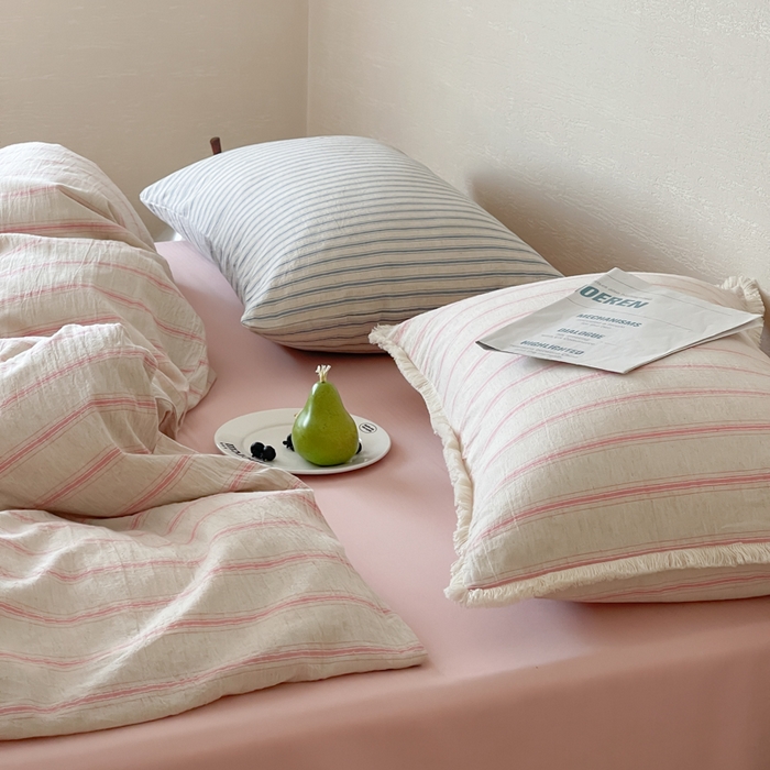 91家纺网 家纺一手货源 找家纺 玛奇朵 2025新款棉麻色织条纹系列四件套-南坪晚风 南坪晚风-粉色床单