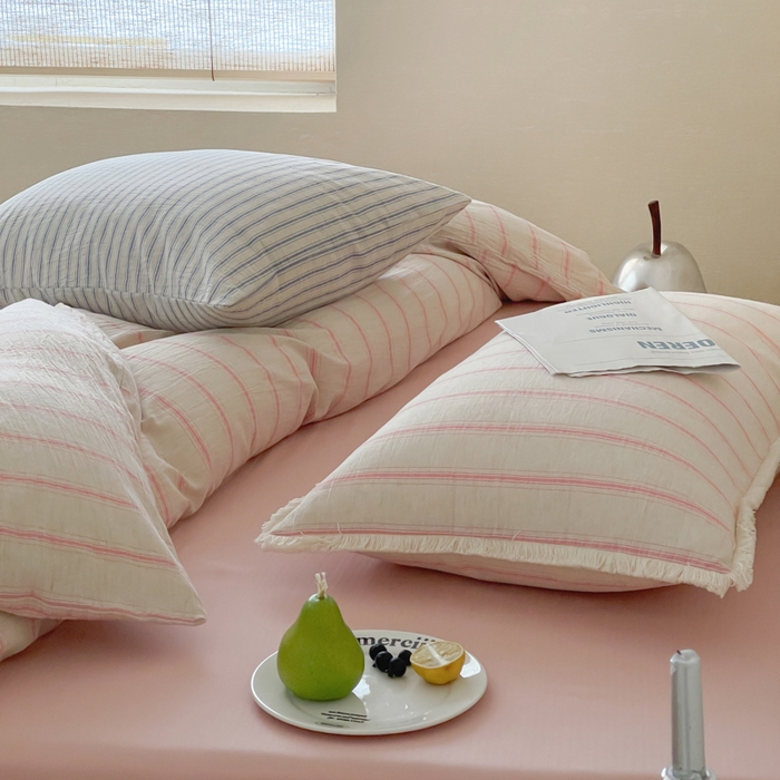 91家纺网 家纺一手货源 找家纺 玛奇朵 2025新款棉麻色织条纹系列四件套-南坪晚风 南坪晚风-粉色床单