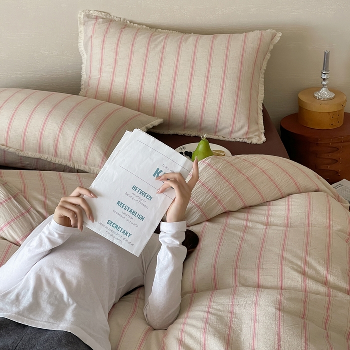 91家纺网 家纺一手货源 找家纺 玛奇朵 2025新款棉麻色织条纹系列四件套-南坪晚风 南坪晚风-咖色床单