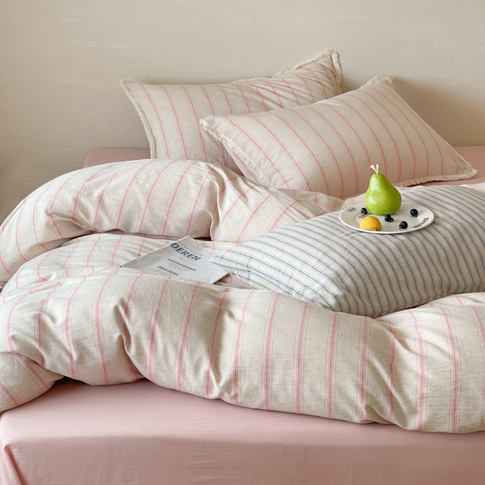 91家纺网 家纺一手货源 找家纺 玛奇朵 2025新款棉麻色织条纹系列四件套-南坪晚风 南坪晚风-粉色床单