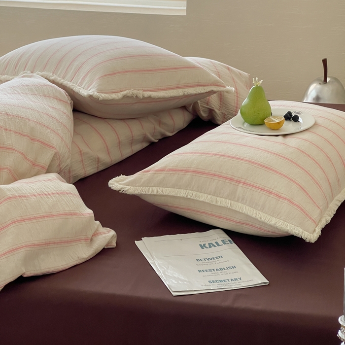 91家纺网 家纺一手货源 找家纺 玛奇朵 2025新款棉麻色织条纹系列四件套-南坪晚风 南坪晚风-咖色床单