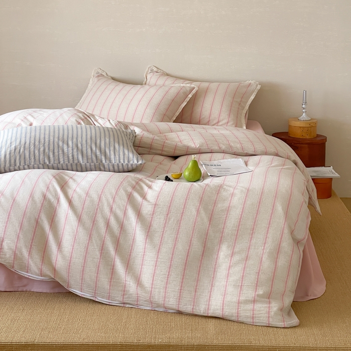 91家纺网 家纺一手货源 找家纺 （总）玛奇朵 2025新款棉麻色织条纹系列四件套-南坪晚风