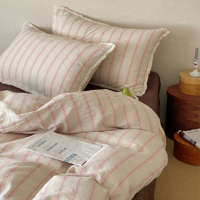 91家纺网 家纺一手货源 找家纺 玛奇朵 2025新款棉麻色织条纹系列四件套-南坪晚风 南坪晚风-咖色床单