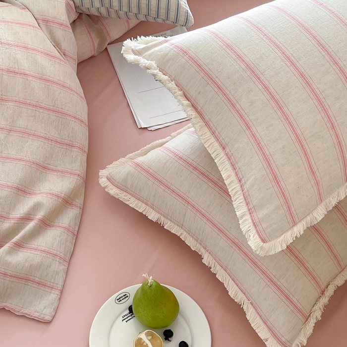 91家纺网 家纺一手货源 找家纺 玛奇朵 2025新款棉麻色织条纹系列四件套-南坪晚风 南坪晚风-粉色床单
