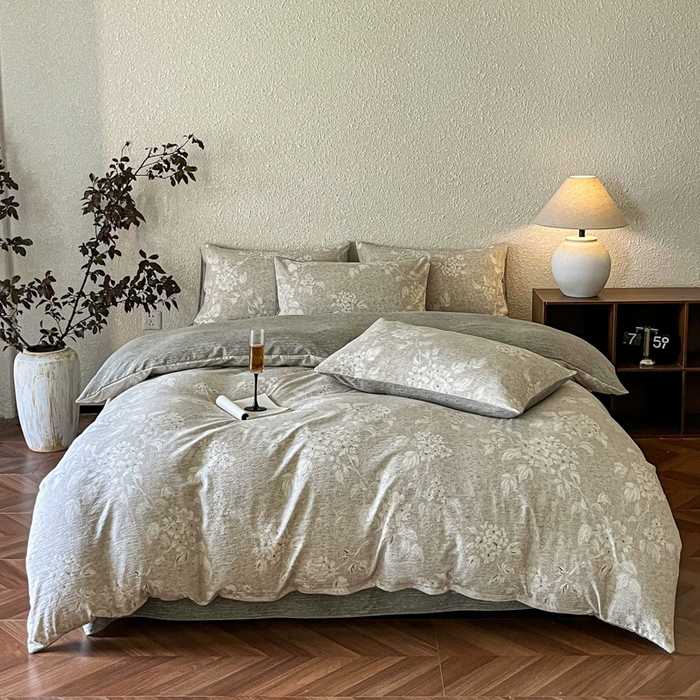 91家纺网 家纺一手货源 找家纺 斯卡诺家纺 2026新款原麻亚麻皱皱纱四件套水洗棉印花四件套 枕边书