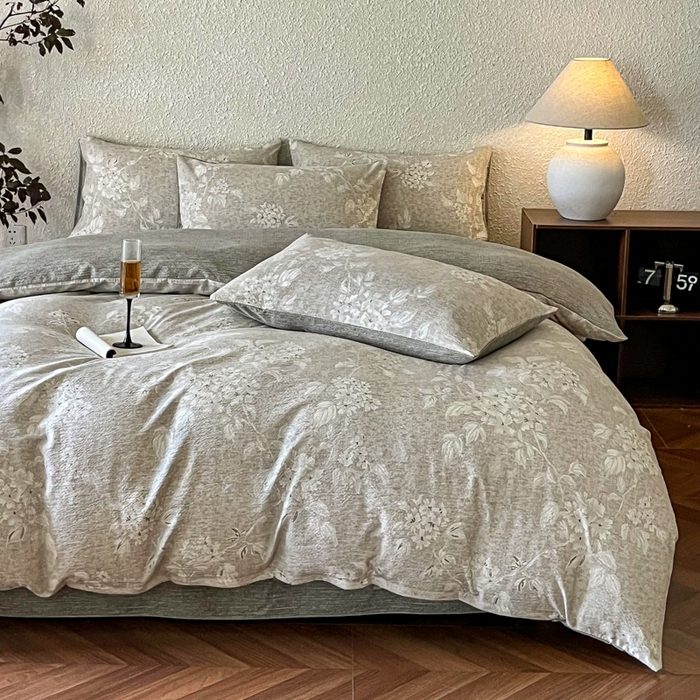 91家纺网 家纺一手货源 找家纺 斯卡诺家纺 2026新款原麻亚麻皱皱纱四件套水洗棉印花四件套 枕边书