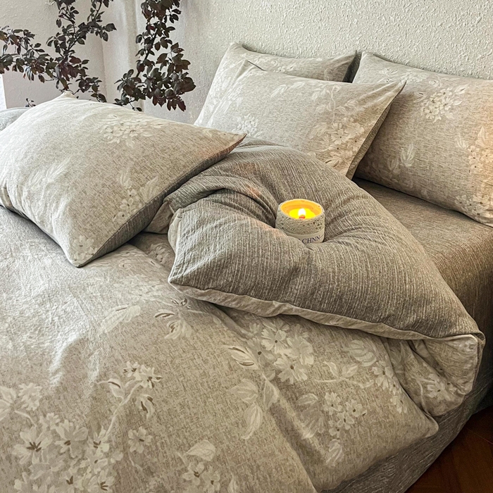 91家纺网 家纺一手货源 找家纺 斯卡诺家纺 2026新款原麻亚麻皱皱纱四件套水洗棉印花四件套 枕边书