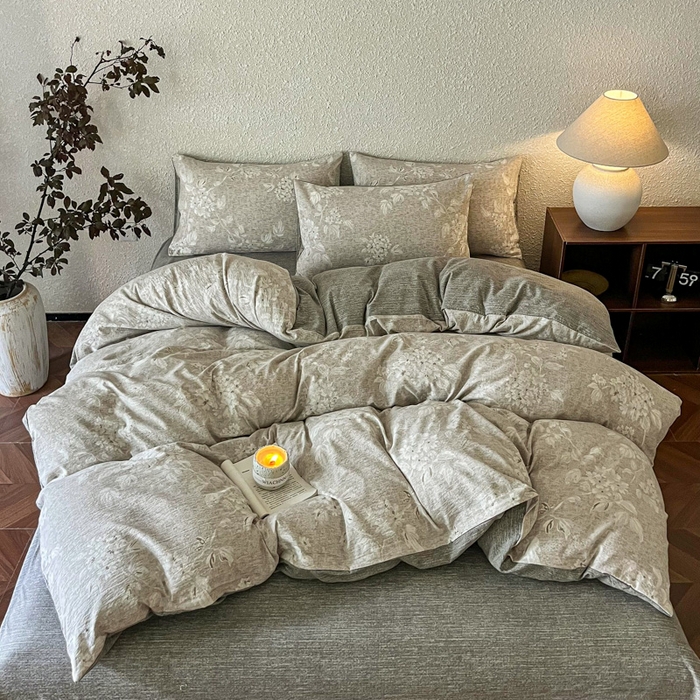 91家纺网 家纺一手货源 找家纺 斯卡诺家纺 2026新款原麻亚麻皱皱纱四件套水洗棉印花四件套 枕边书