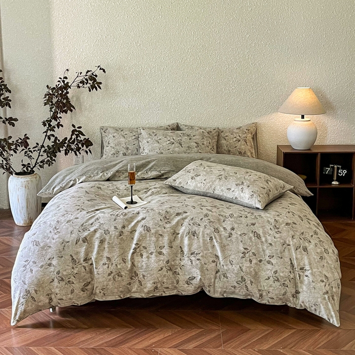 91家纺网 家纺一手货源 找家纺 斯卡诺家纺 2026新款原麻亚麻皱皱纱四件套水洗棉印花四件套 栀子花开