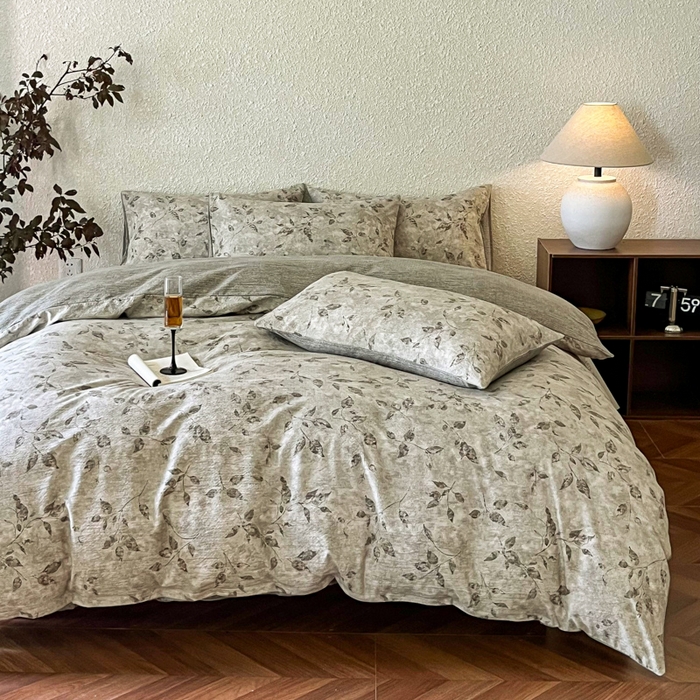 91家纺网 家纺一手货源 找家纺 斯卡诺家纺 2026新款原麻亚麻皱皱纱四件套水洗棉印花四件套 栀子花开