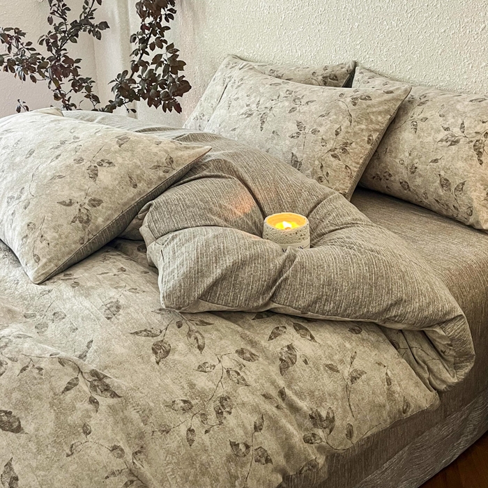 91家纺网 家纺一手货源 找家纺 斯卡诺家纺 2026新款原麻亚麻皱皱纱四件套水洗棉印花四件套 栀子花开