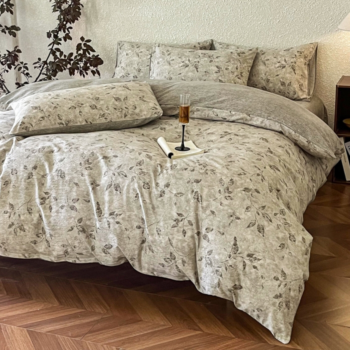 91家纺网 家纺一手货源 找家纺 斯卡诺家纺 2026新款原麻亚麻皱皱纱四件套水洗棉印花四件套 栀子花开