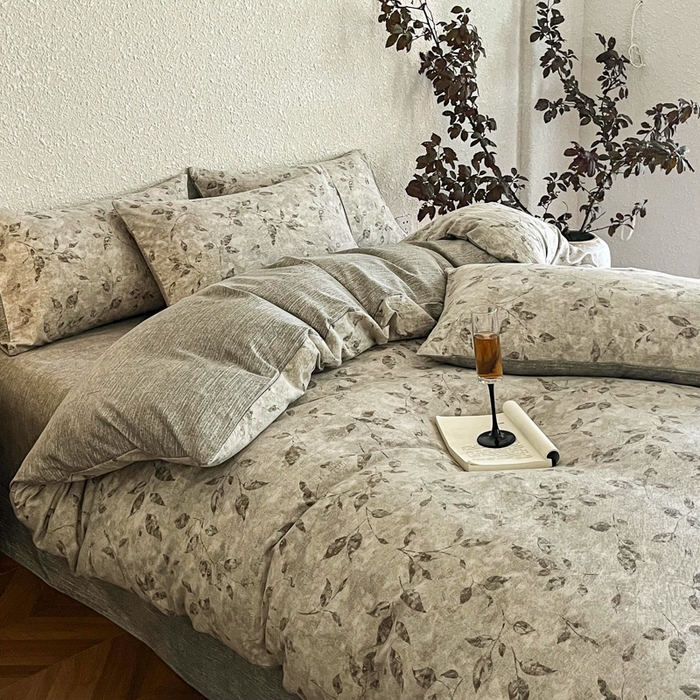 91家纺网 家纺一手货源 找家纺 斯卡诺家纺 2026新款原麻亚麻皱皱纱四件套水洗棉印花四件套 栀子花开