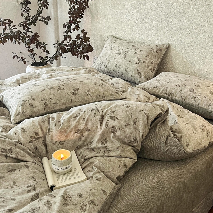 91家纺网 家纺一手货源 找家纺 斯卡诺家纺 2026新款原麻亚麻皱皱纱四件套水洗棉印花四件套 栀子花开