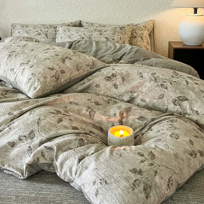 91家纺网 家纺一手货源 找家纺 斯卡诺家纺 2026新款原麻亚麻皱皱纱四件套水洗棉印花四件套 栀子花开