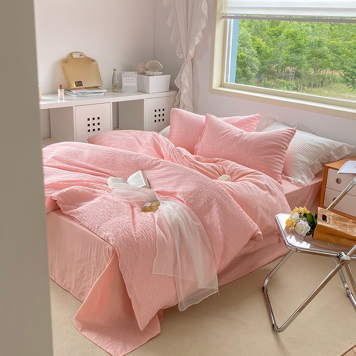 91家纺网 家纺一手货源 找家纺 （总）贝尔 PELLHOME 全棉ins简约泡泡纱四件套柔软纯棉仙女纯色床上用品（可抖音代发）