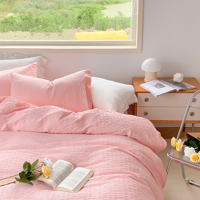 91家纺网 家纺一手货源 找家纺 （总）贝尔 PELLHOME 全棉ins简约泡泡纱四件套柔软纯棉仙女纯色床上用品（可抖音代发）